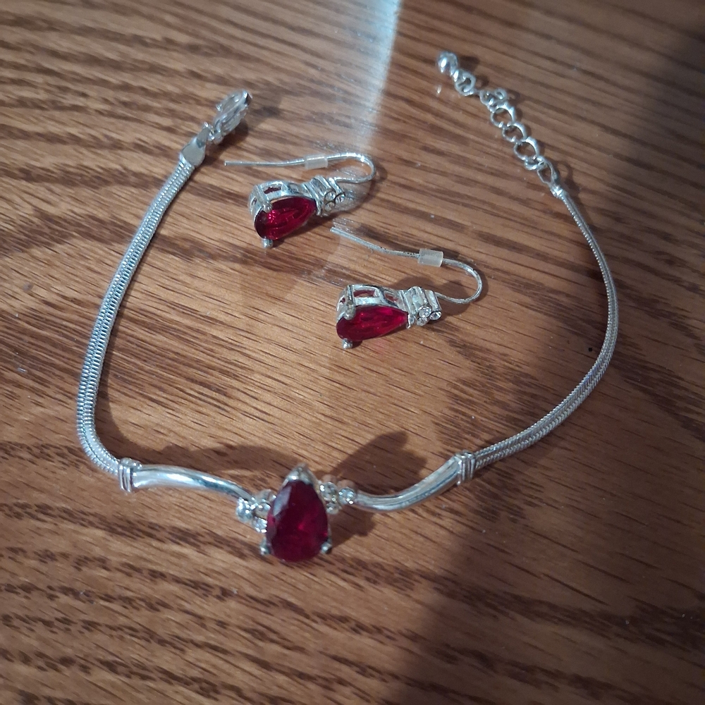 Avon Silver Bracelet and Earrings Set with Red Teardrop Stones